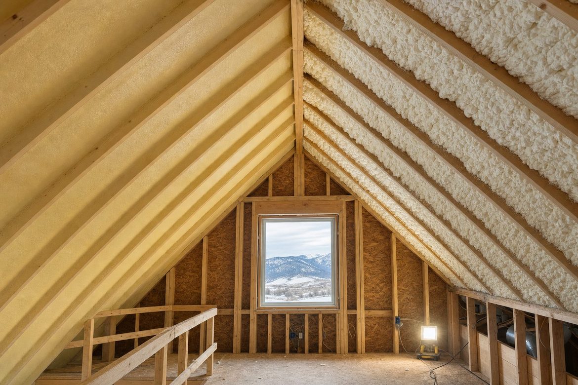 Attic rafters in a Northern Colorado home with dense yellow closed-cell spray foam on one side of the roof deck and thick white open-cell spray foam on the other