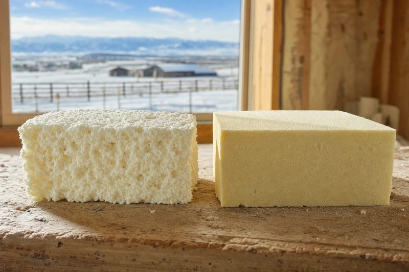 A block of spongy white open-cell spray foam next to a block of dense yellow closed-cell spray foam, with a snowy Colorado ranch outside the window