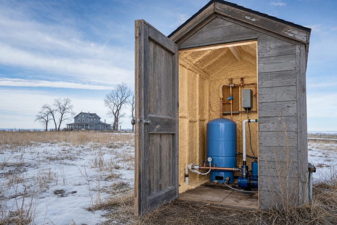 Small wooden well pump house on a snowy Northern Colorado farm, door open to show closed-cell spray foam insulation around the pressure tank and pipes