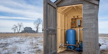 Small wooden well pump house on a snowy Northern Colorado farm, door open to show closed-cell spray foam insulation around the pressure tank and pipes